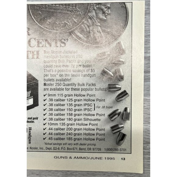 Nosler Jacketed Handgun Bullets for Sportsmen Vintage Print Ad Bend OR - Picture 5 of 6